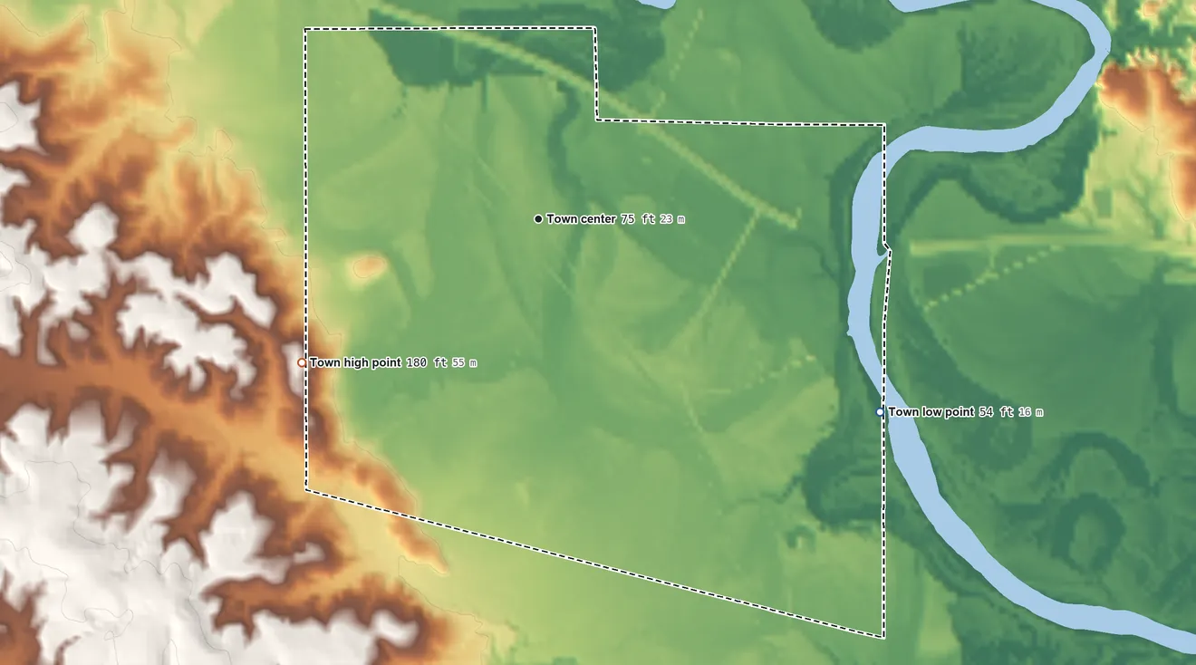 Topographic elevation map of McLain, Mississippi, shaded from 54 ft on the southeast side to 180 ft on the southwest side