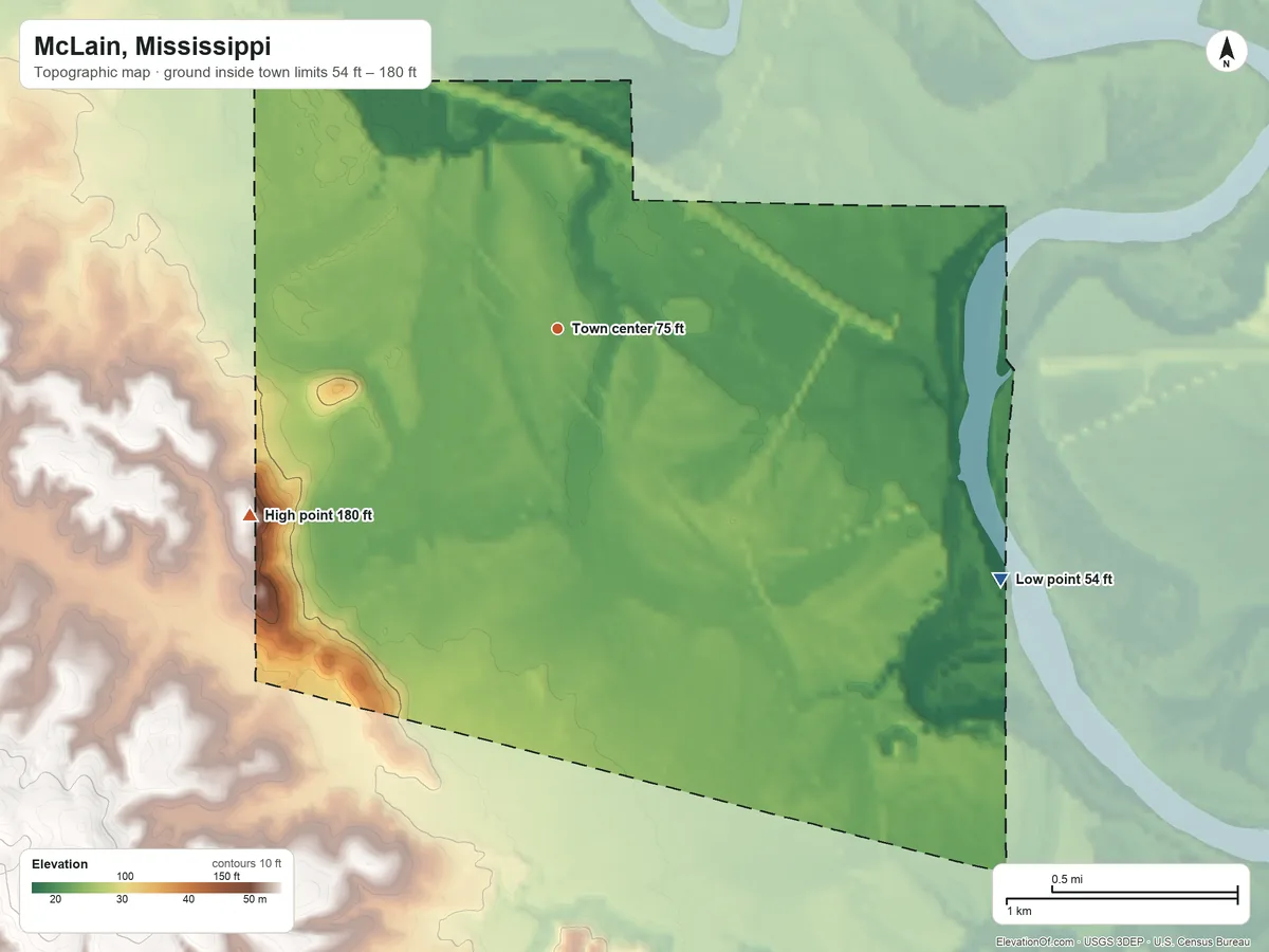 Topographic elevation map of McLain, Mississippi, shaded from 54 ft on the southeast side to 180 ft on the southwest side