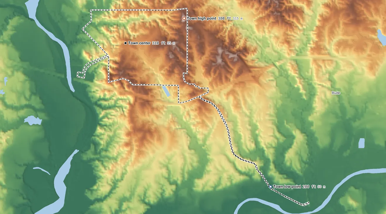 Topographic elevation map of Meadville, Mississippi, shaded from 200 ft on the southeast side to 380 ft on the northeast side