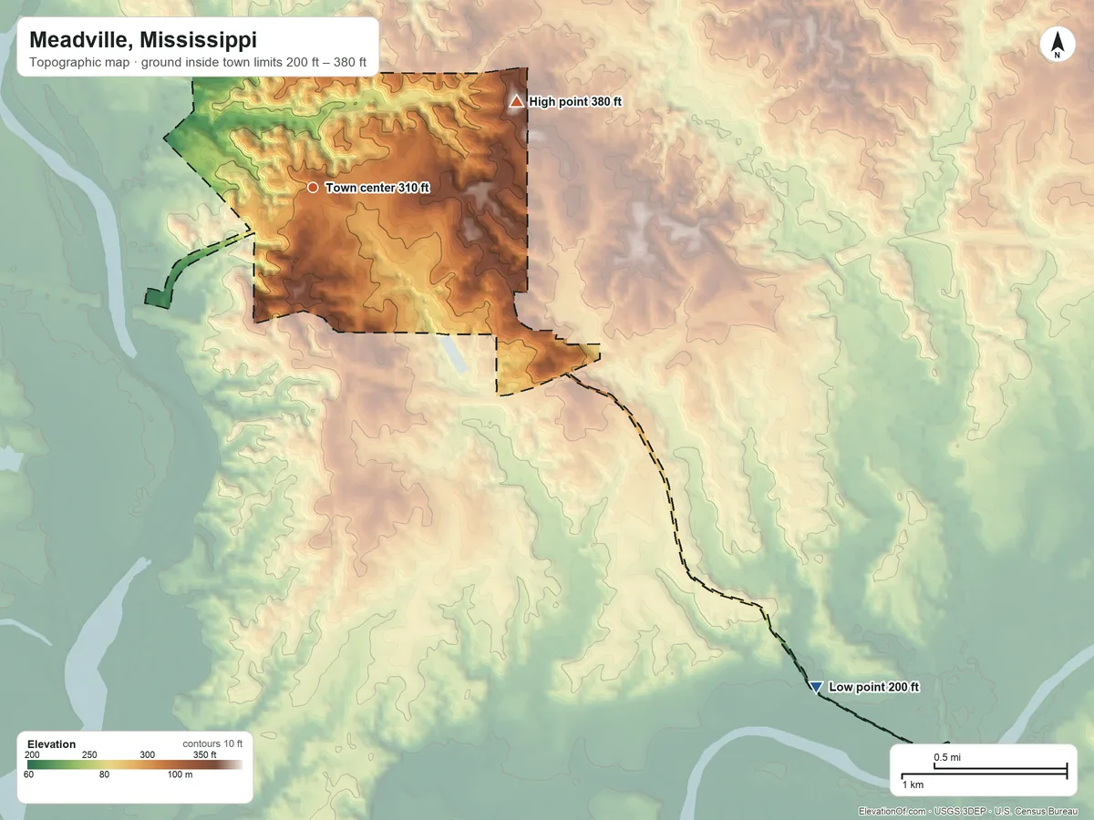 Topographic elevation map of Meadville, Mississippi, shaded from 200 ft on the southeast side to 380 ft on the northeast side