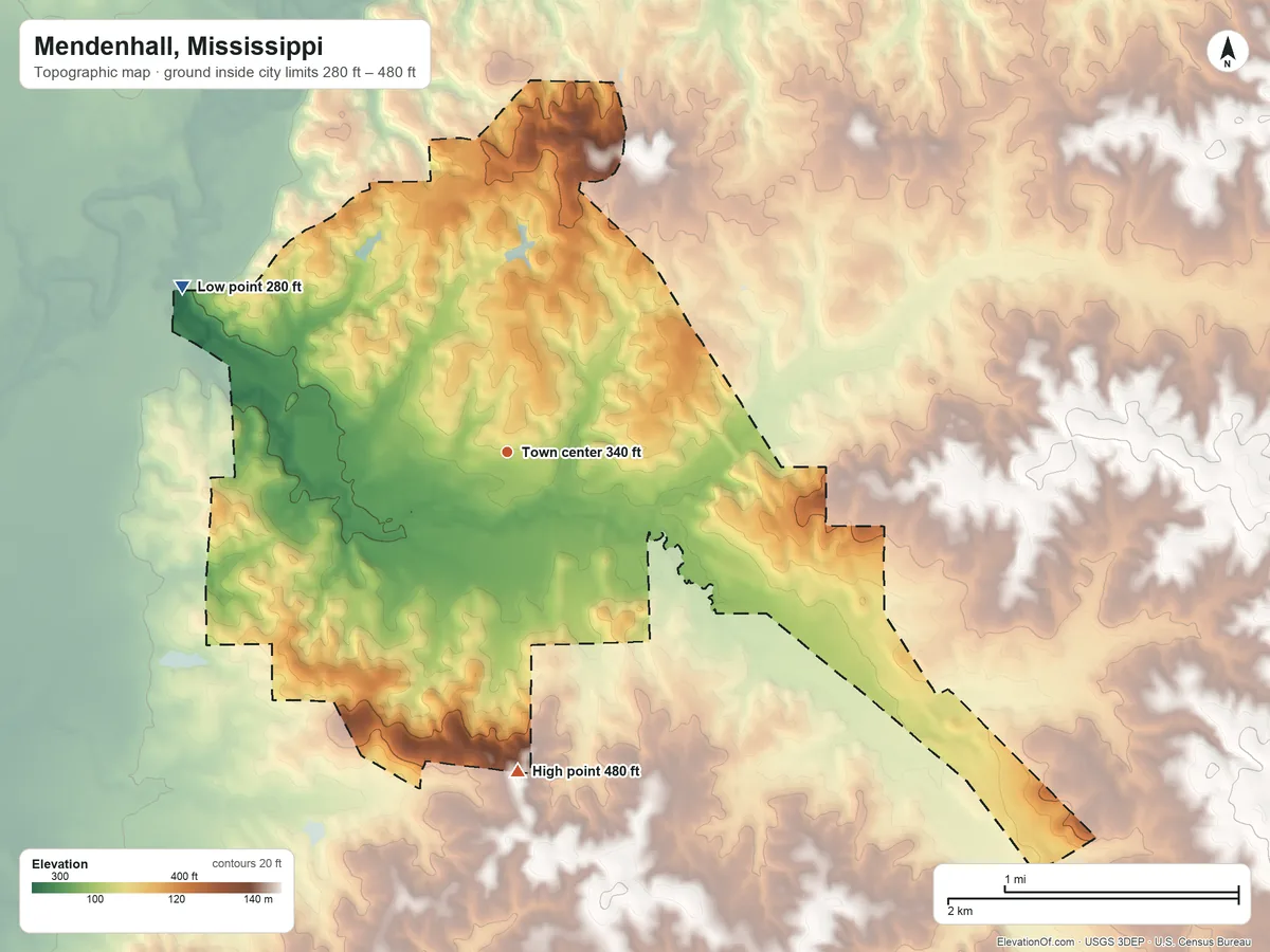 Topographic elevation map of Mendenhall, Mississippi, shaded from 280 ft on the northwest side to 480 ft on the south side