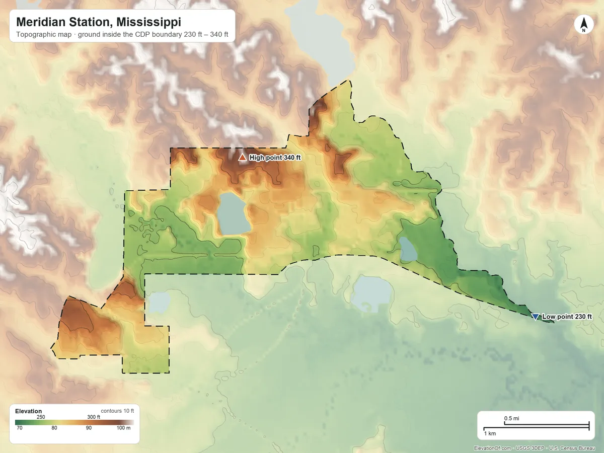 Topographic elevation map of Meridian Station, Mississippi, shaded from 230 ft on the east side to 340 ft on the northeast side