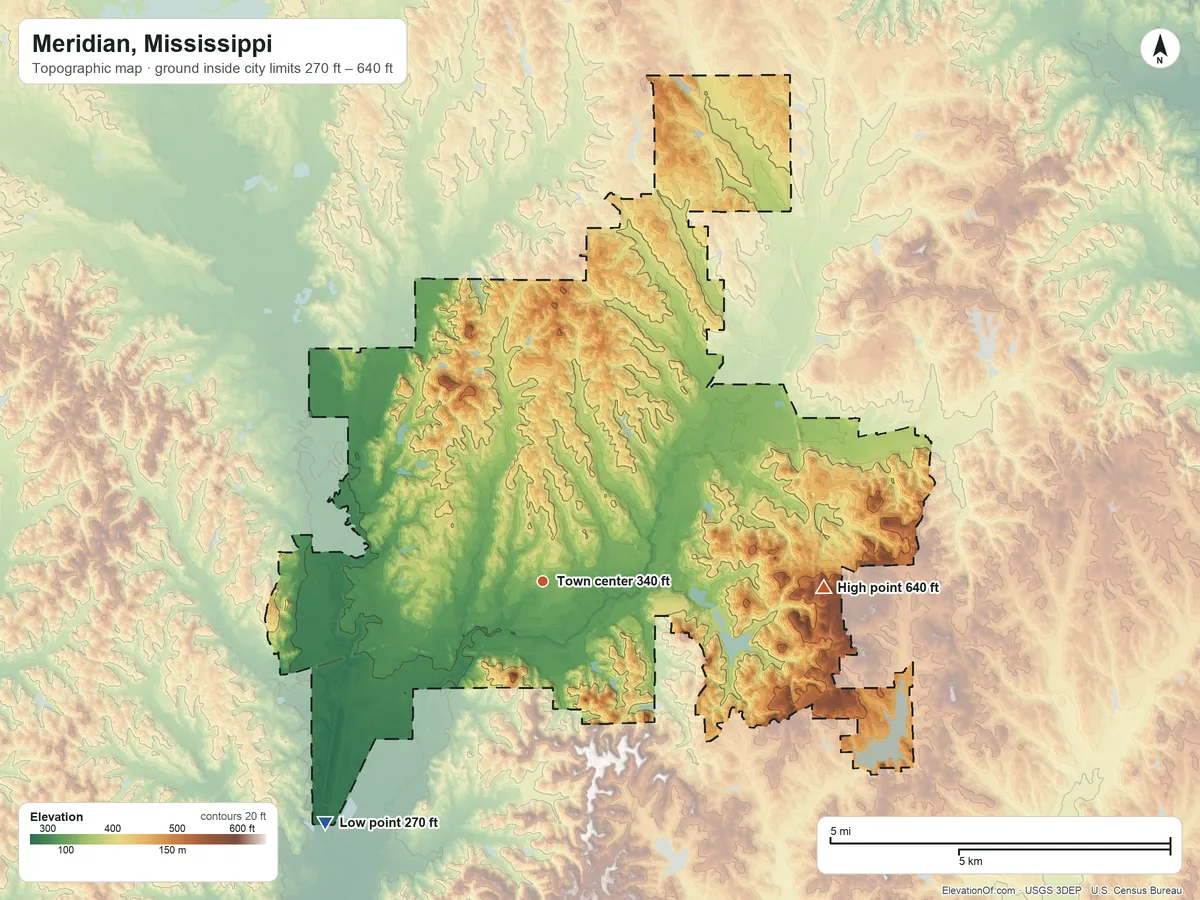 Topographic elevation map of Meridian, Mississippi, shaded from 270 ft on the southwest side to 640 ft on the east side
