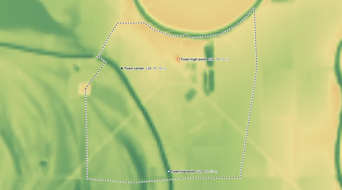 Topographic elevation map of Metcalfe, Mississippi, shaded from 120 ft on the southeast side to 130 ft on the east side