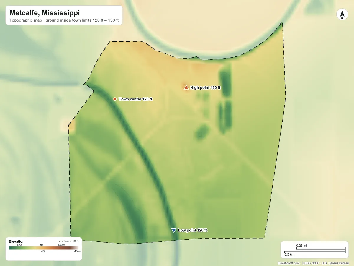 Topographic elevation map of Metcalfe, Mississippi, shaded from 120 ft on the southeast side to 130 ft on the east side