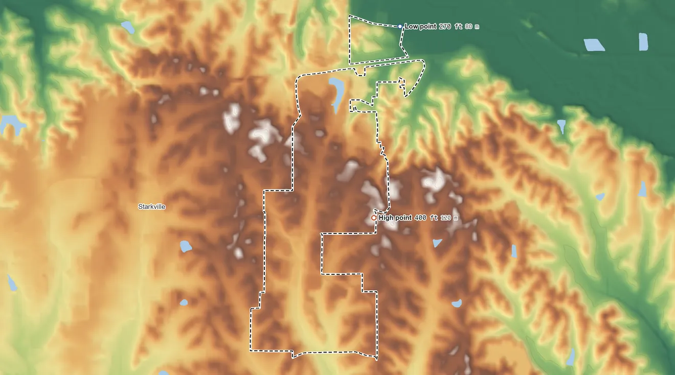 Topographic elevation map of Mississippi State, Mississippi, shaded from 270 ft on the northeast side to 400 ft on the southeast side