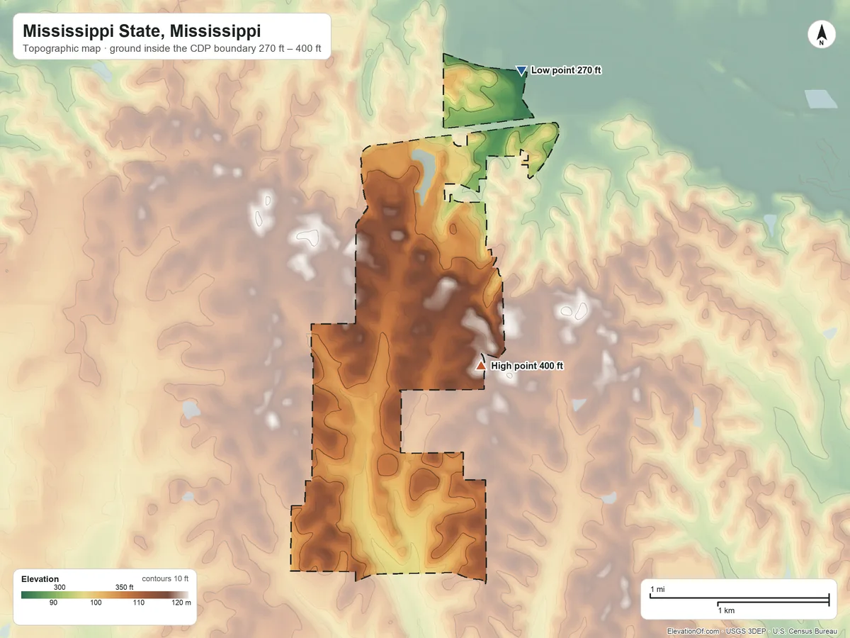 Topographic elevation map of Mississippi State, Mississippi, shaded from 270 ft on the northeast side to 400 ft on the southeast side