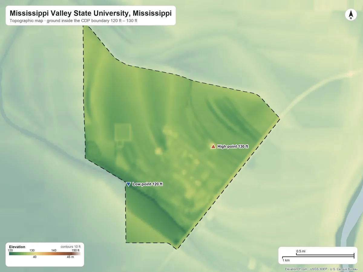 Topographic elevation map of Mississippi Valley State University, Mississippi, shaded from 120 ft on the southwest side to 130 ft on the east side