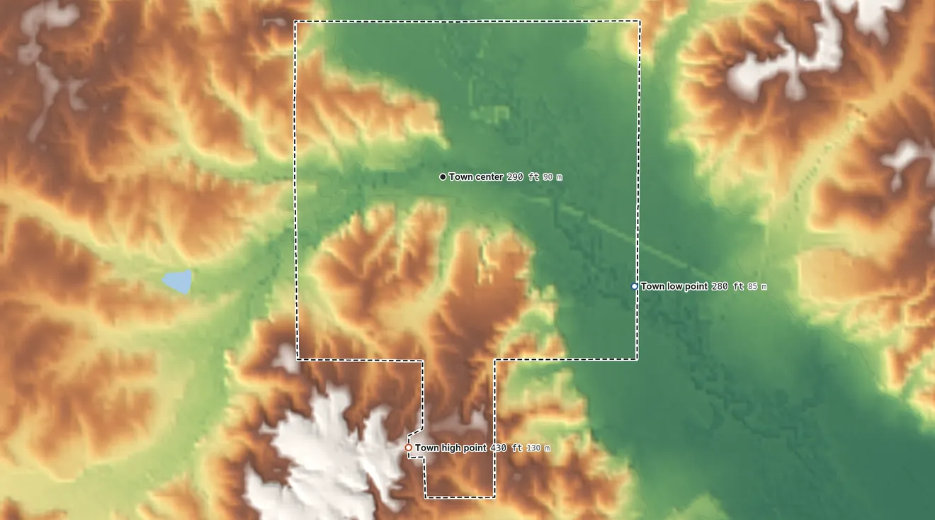 Topographic elevation map of Mize, Mississippi, shaded from 280 ft on the southeast side to 430 ft on the south side