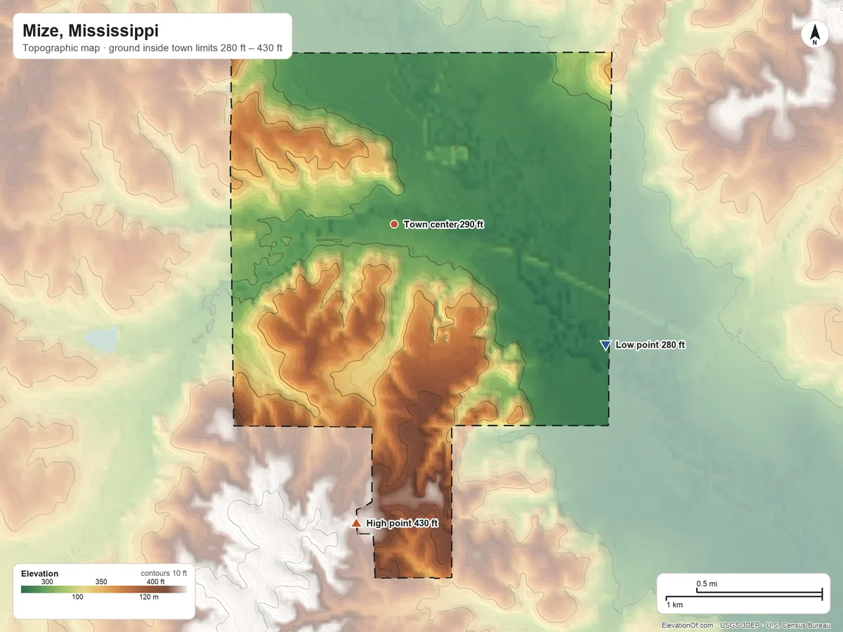 Topographic elevation map of Mize, Mississippi, shaded from 280 ft on the southeast side to 430 ft on the south side