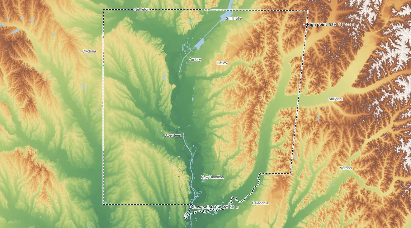 Topographic elevation map of Monroe County, Mississippi, shaded from 160 ft on the south side to 580 ft on the northeast side