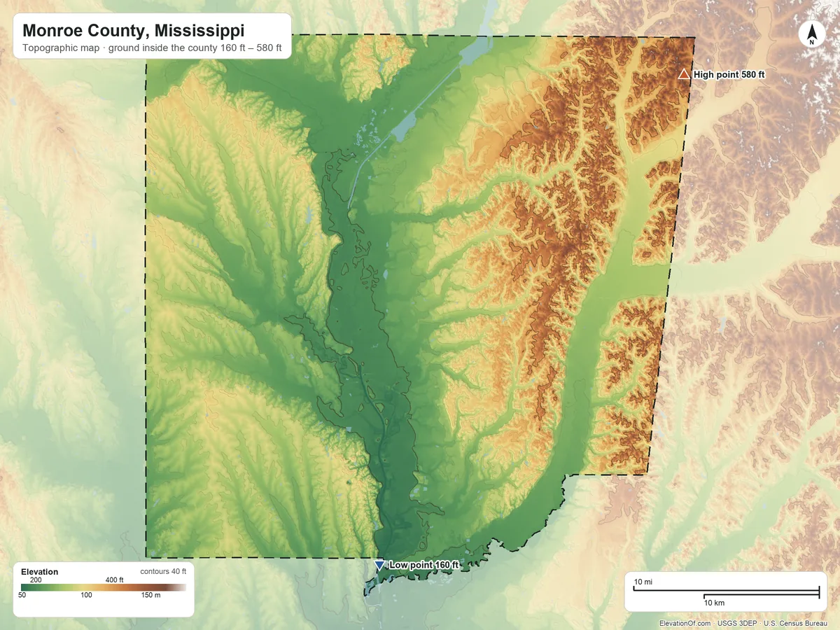 Topographic elevation map of Monroe County, Mississippi, shaded from 160 ft on the south side to 580 ft on the northeast side