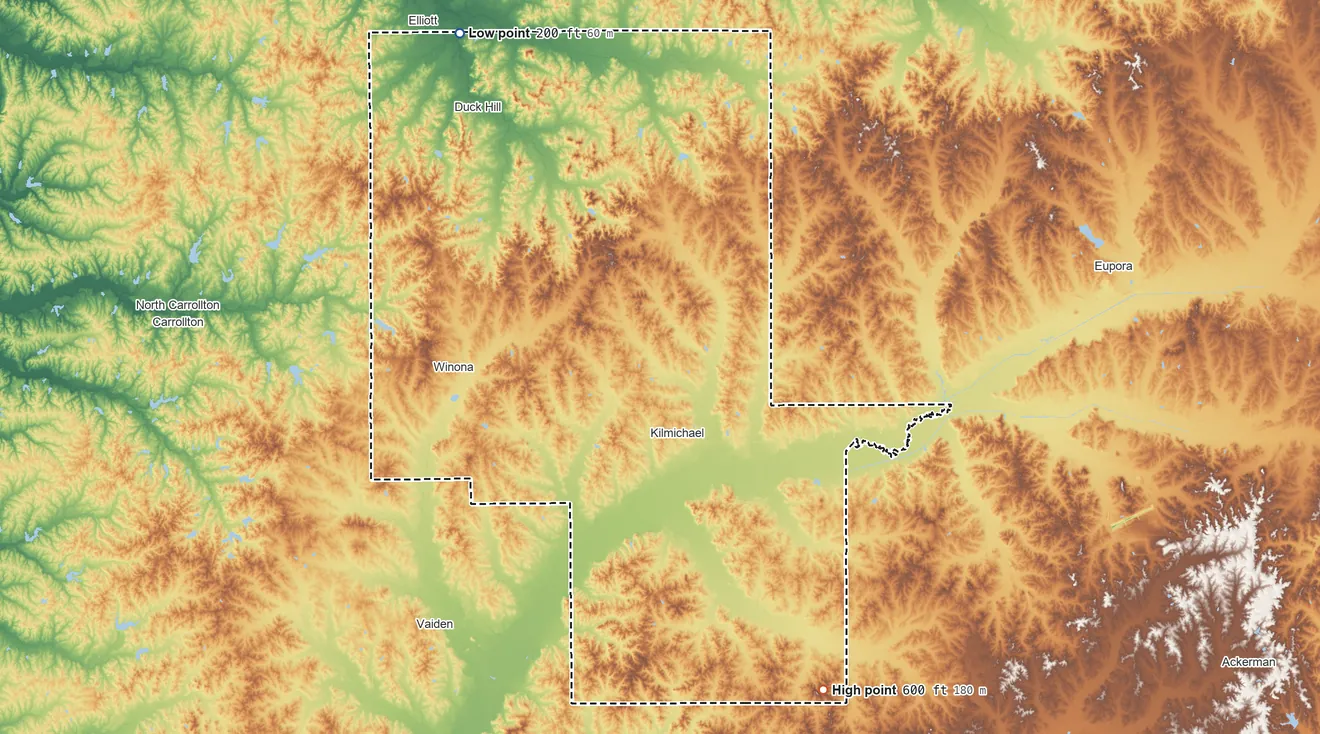 Topographic elevation map of Montgomery County, Mississippi, shaded from 200 ft on the northwest side to 600 ft on the southeast side