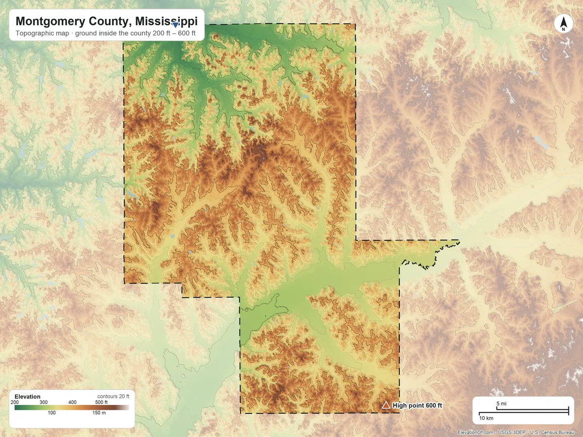 Topographic elevation map of Montgomery County, Mississippi, shaded from 200 ft on the northwest side to 600 ft on the southeast side