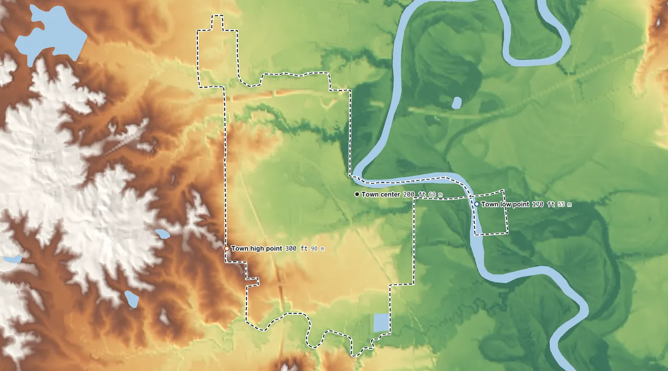 Topographic elevation map of Monticello, Mississippi, shaded from 170 ft on the east side to 300 ft on the southwest side