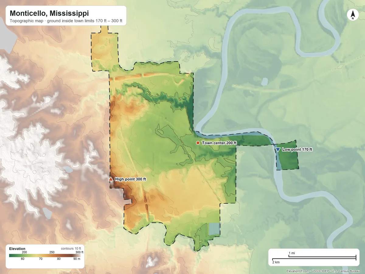 Topographic elevation map of Monticello, Mississippi, shaded from 170 ft on the east side to 300 ft on the southwest side