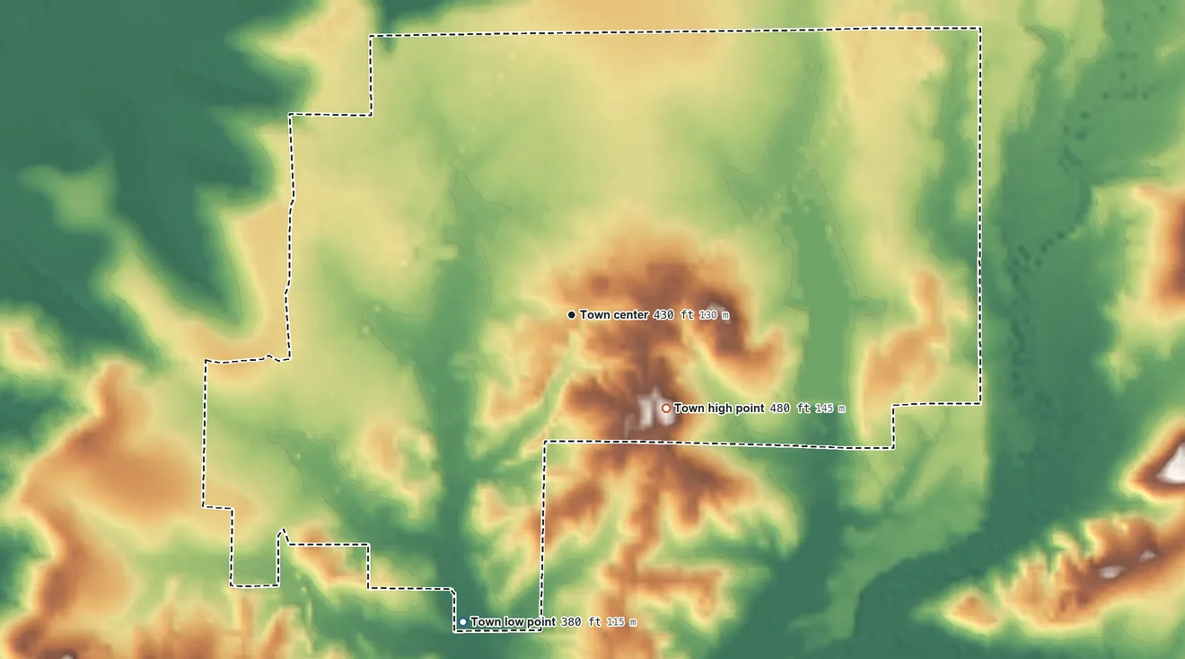 Topographic elevation map of Montrose, Mississippi, shaded from 380 ft on the south side to 480 ft on the southeast side