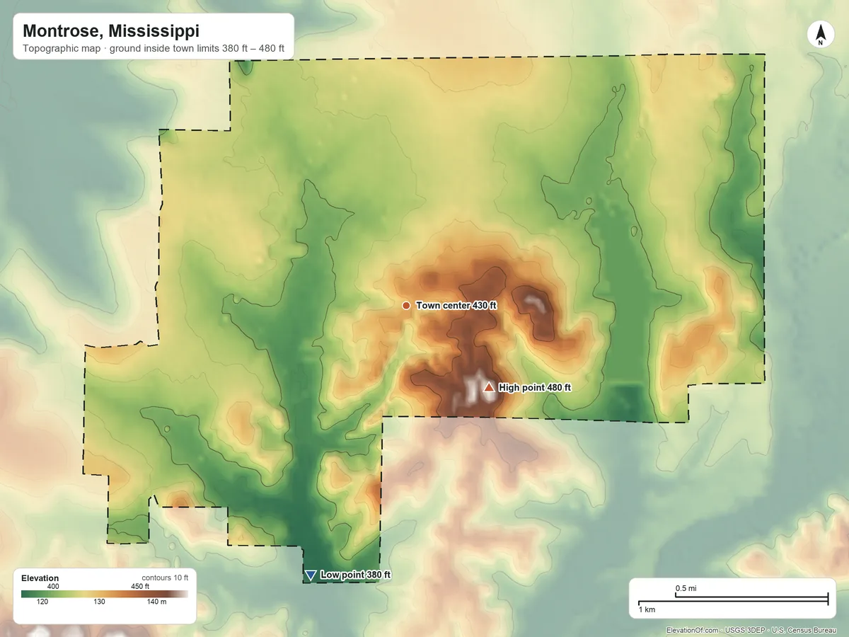 Topographic elevation map of Montrose, Mississippi, shaded from 380 ft on the south side to 480 ft on the southeast side