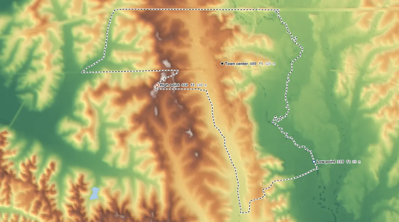 Topographic elevation map of Mooreville, Mississippi, shaded from 310 ft on the southeast side to 460 ft on the west side