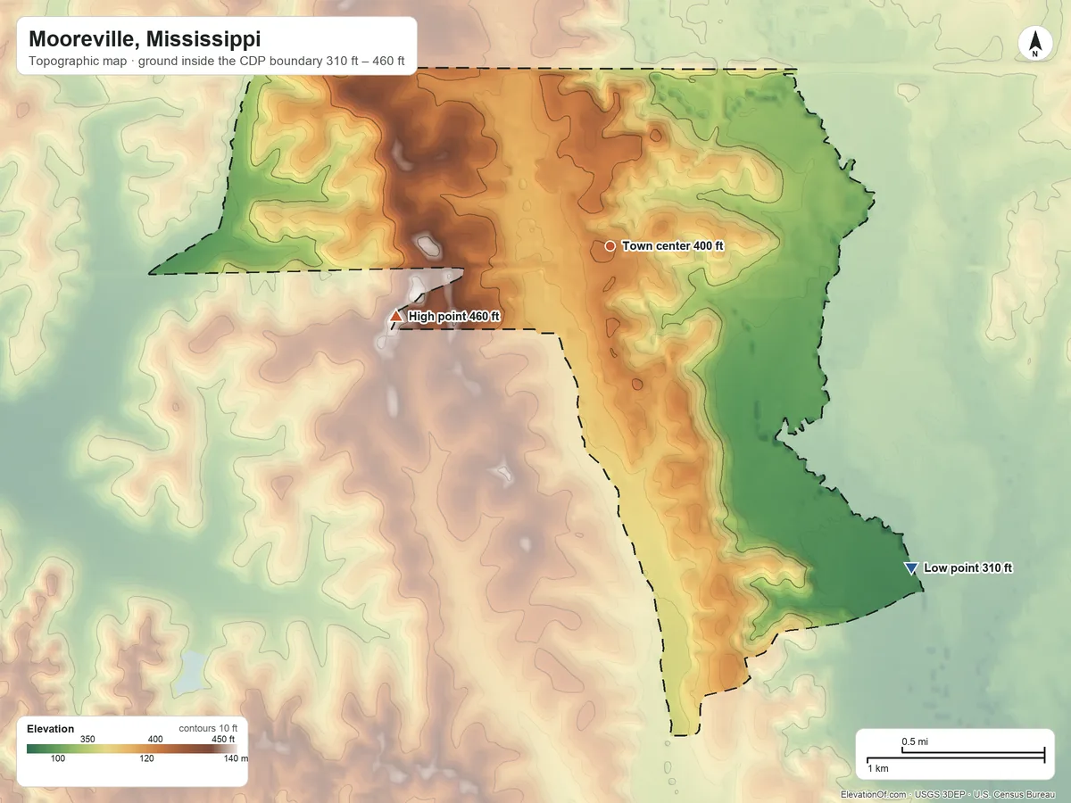 Topographic elevation map of Mooreville, Mississippi, shaded from 310 ft on the southeast side to 460 ft on the west side