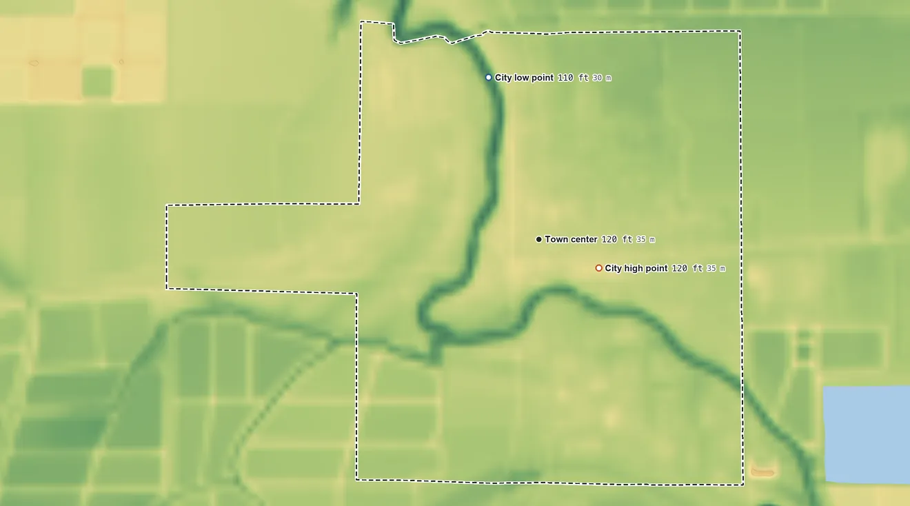Topographic elevation map of Moorhead, Mississippi, shaded from 110 ft on the north side to 120 ft near the middle