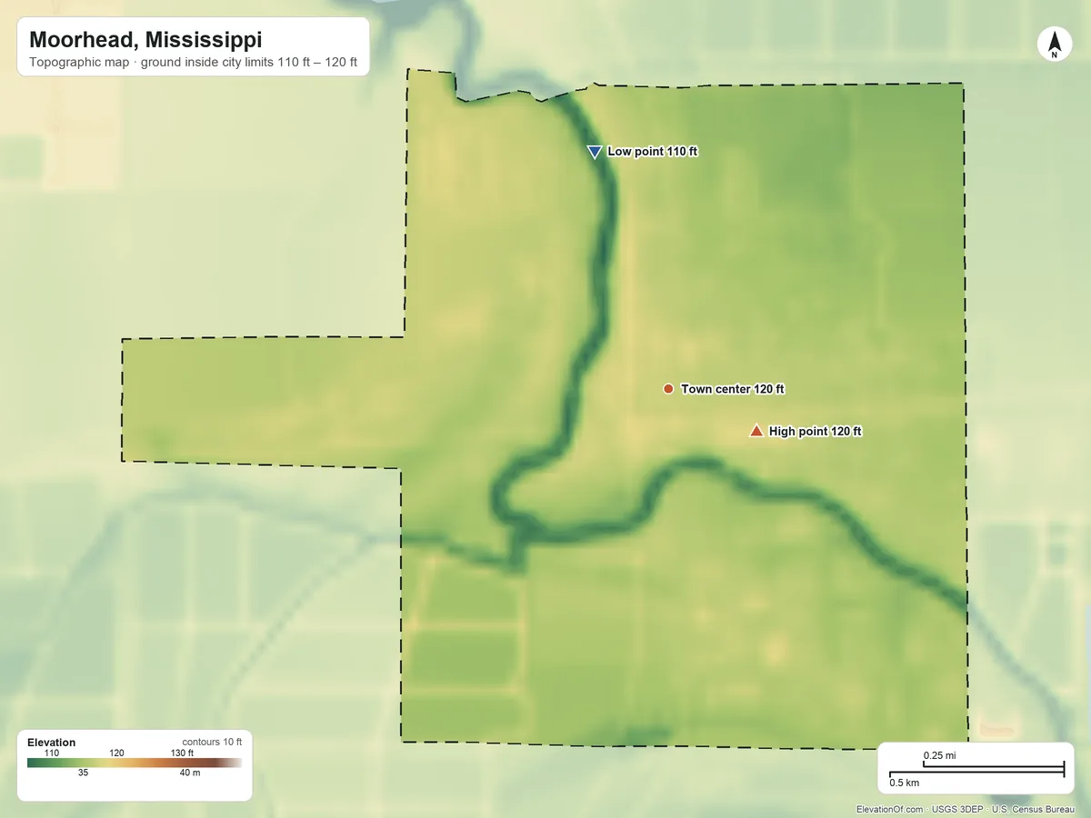 Topographic elevation map of Moorhead, Mississippi, shaded from 110 ft on the north side to 120 ft near the middle