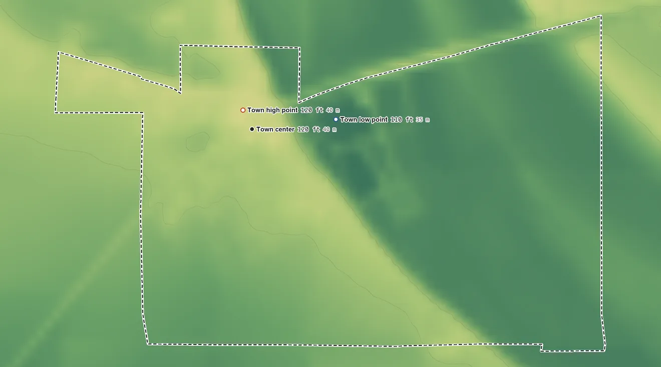 Topographic elevation map of Morgan City, Mississippi, shaded from 110 ft on the east side to 120 ft near the middle