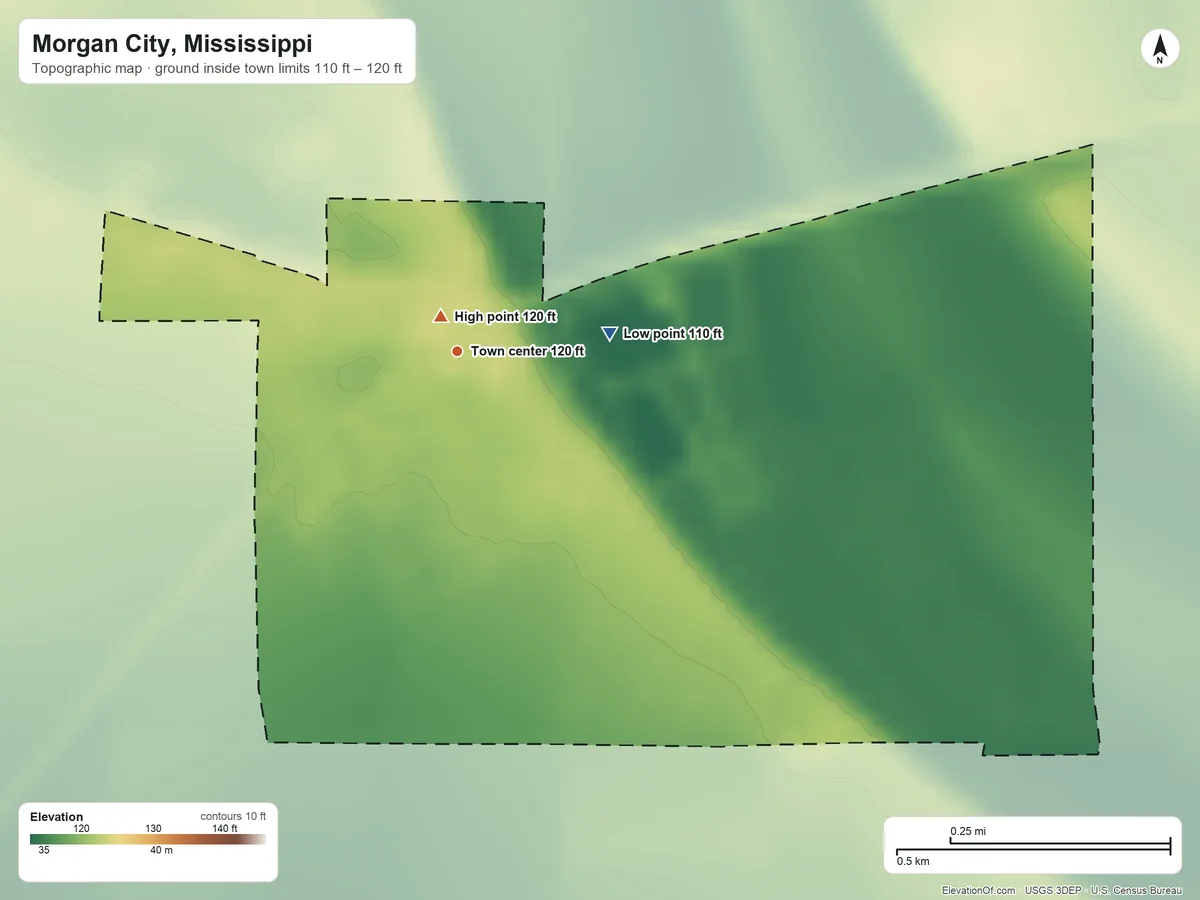 Topographic elevation map of Morgan City, Mississippi, shaded from 110 ft on the east side to 120 ft near the middle