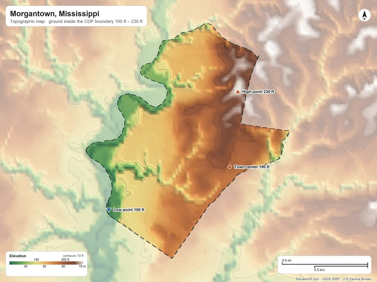 Topographic elevation map of Morgantown, Mississippi, shaded from 100 ft on the west side to 230 ft on the north side