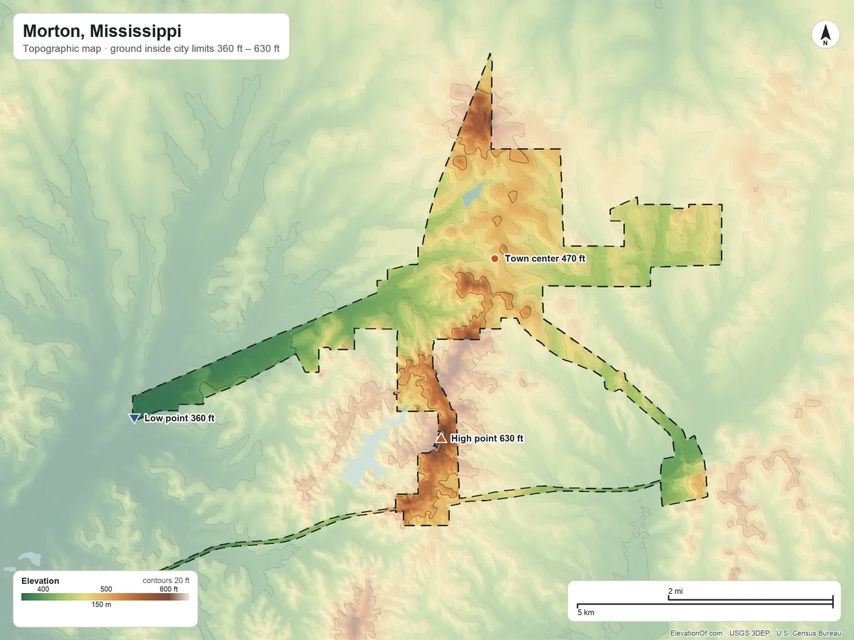 Topographic elevation map of Morton, Mississippi, shaded from 360 ft on the southwest side to 630 ft on the south side