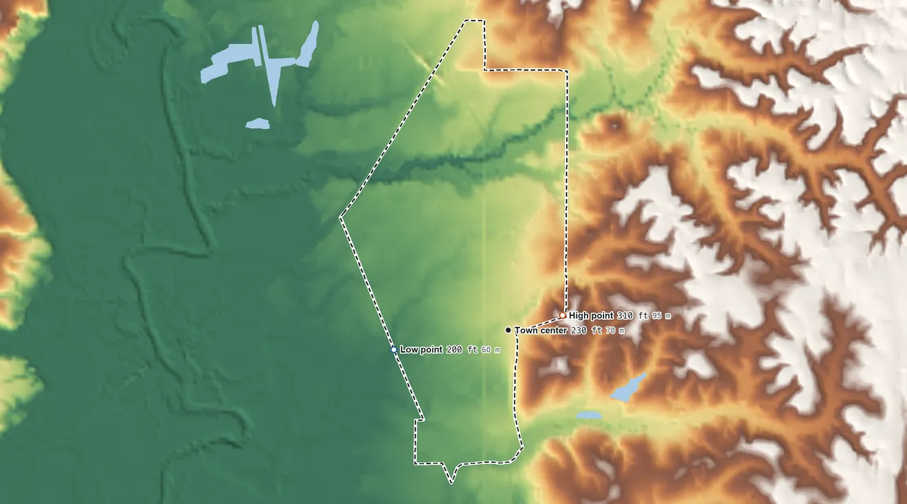 Topographic elevation map of Moselle, Mississippi, shaded from 200 ft on the west side to 310 ft on the east side