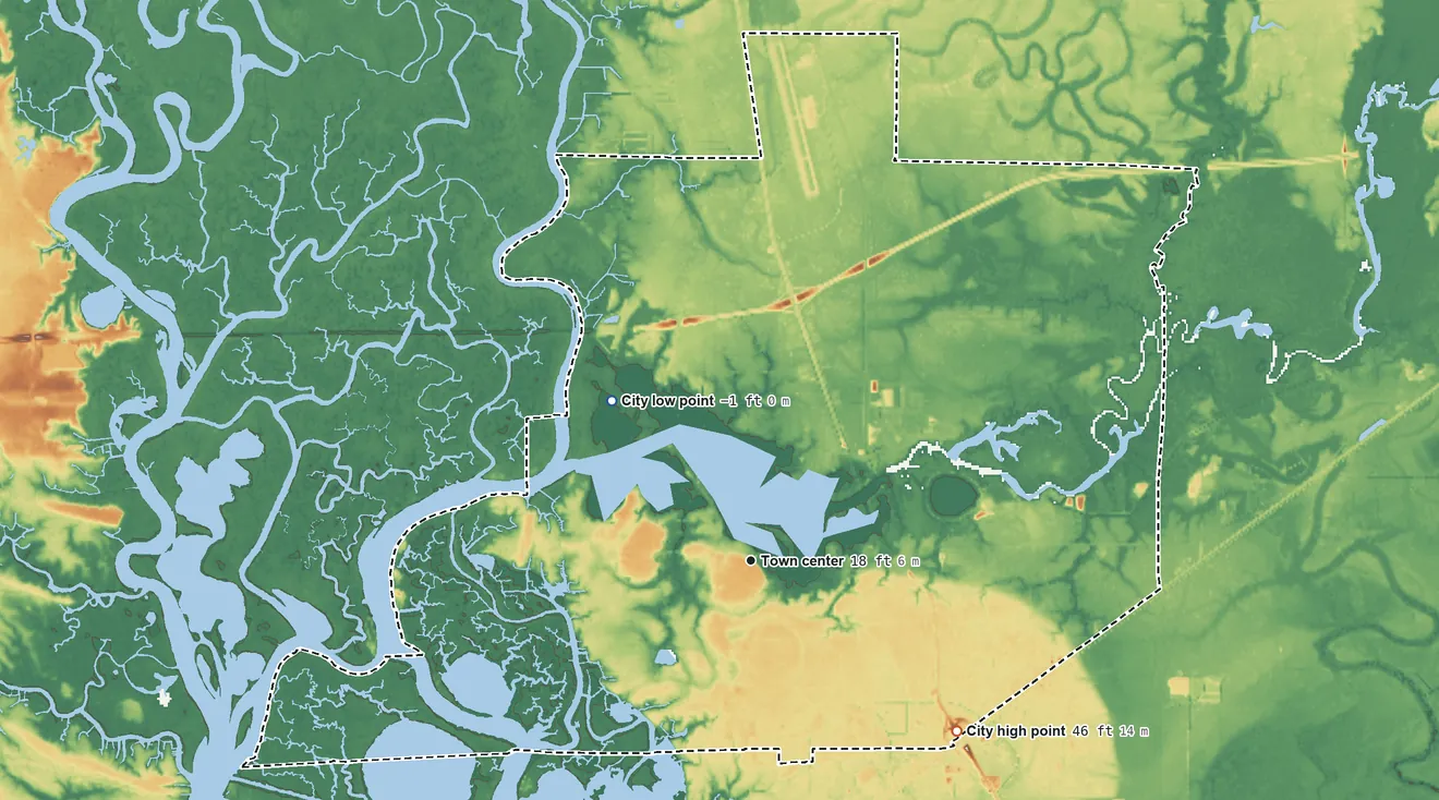 Topographic elevation map of Moss Point, Mississippi, shaded from −1 ft on the northwest side to 46 ft on the southeast side