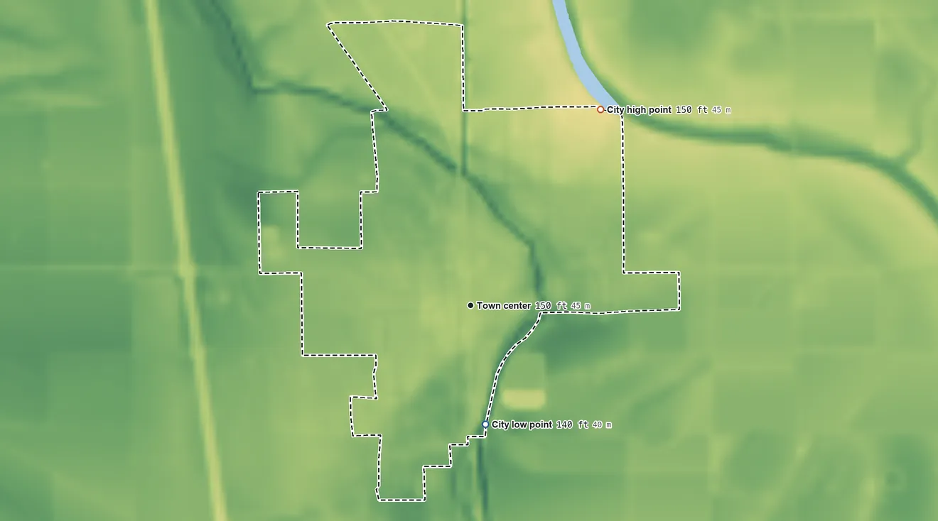Topographic elevation map of Mound Bayou, Mississippi, shaded from 140 ft on the south side to 150 ft on the northeast side