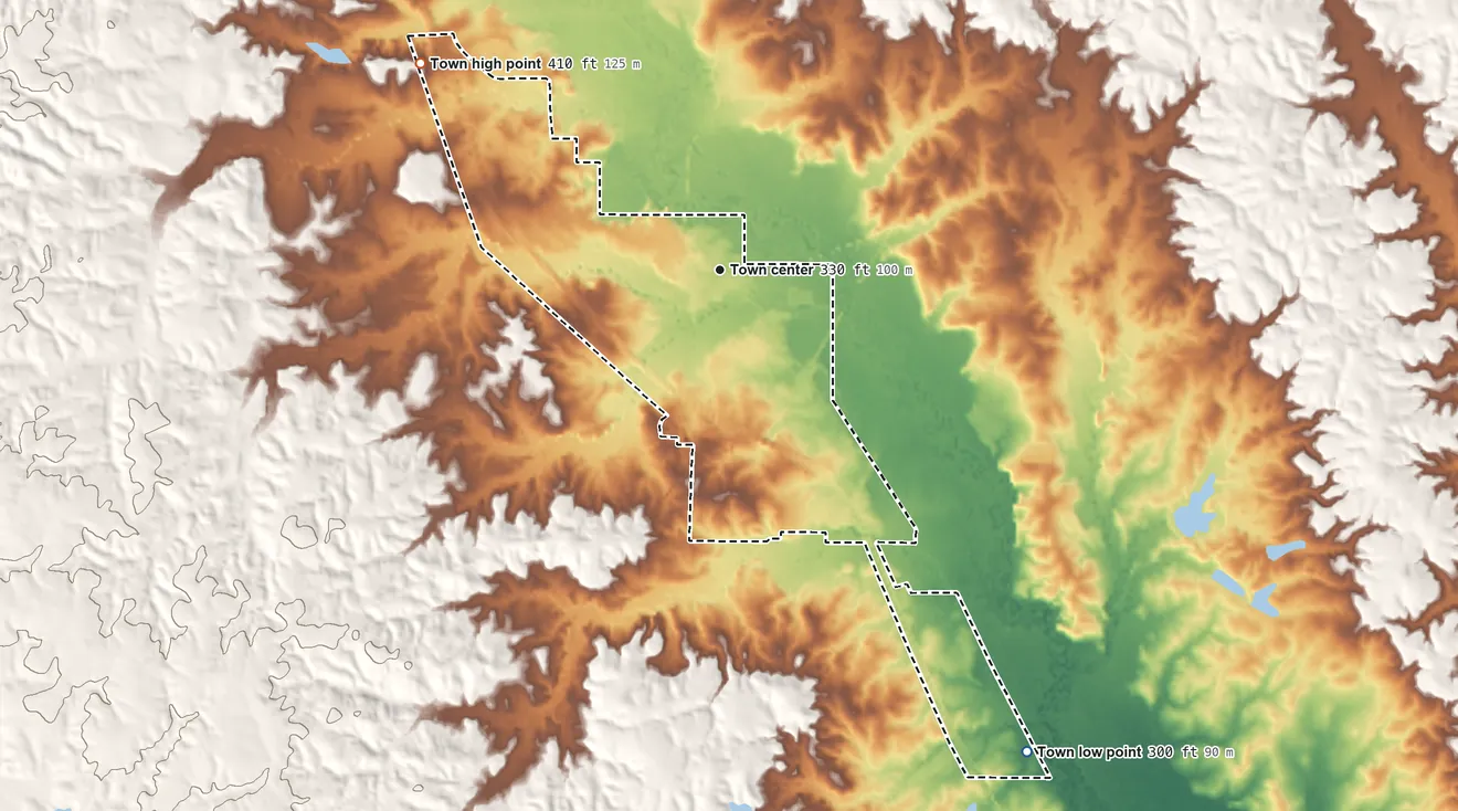 Topographic elevation map of Mount Olive, Mississippi, shaded from 300 ft on the southeast side to 410 ft on the northwest side