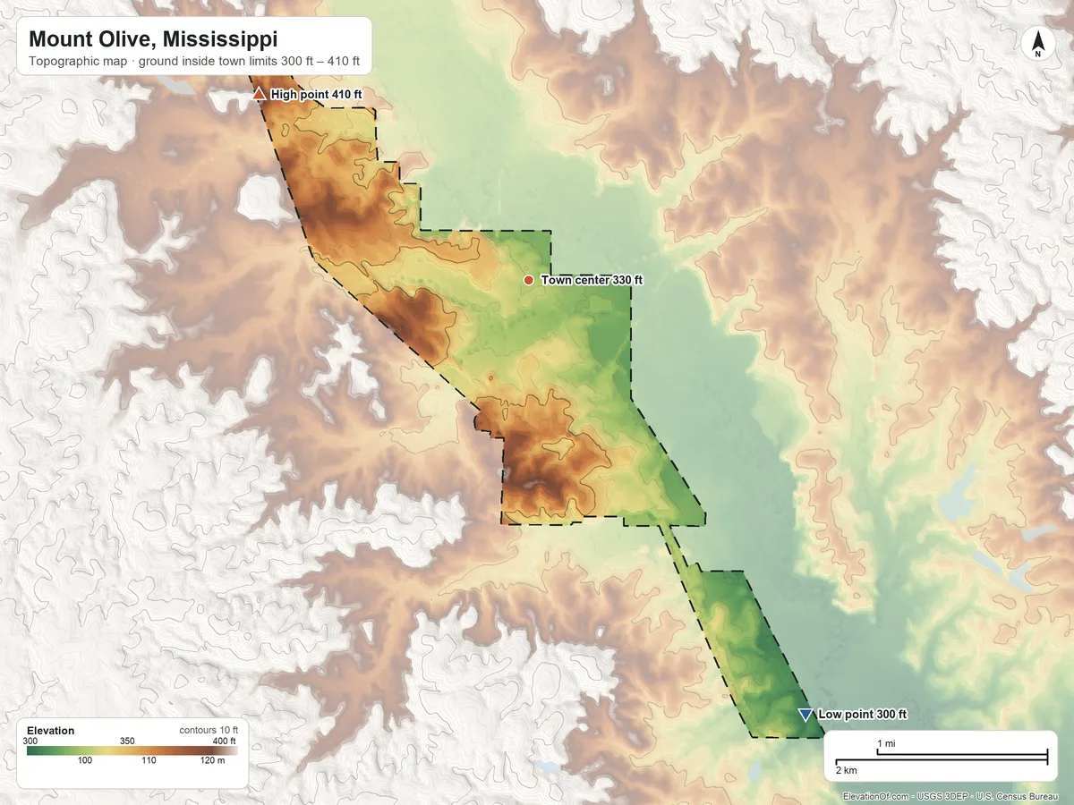 Topographic elevation map of Mount Olive, Mississippi, shaded from 300 ft on the southeast side to 410 ft on the northwest side