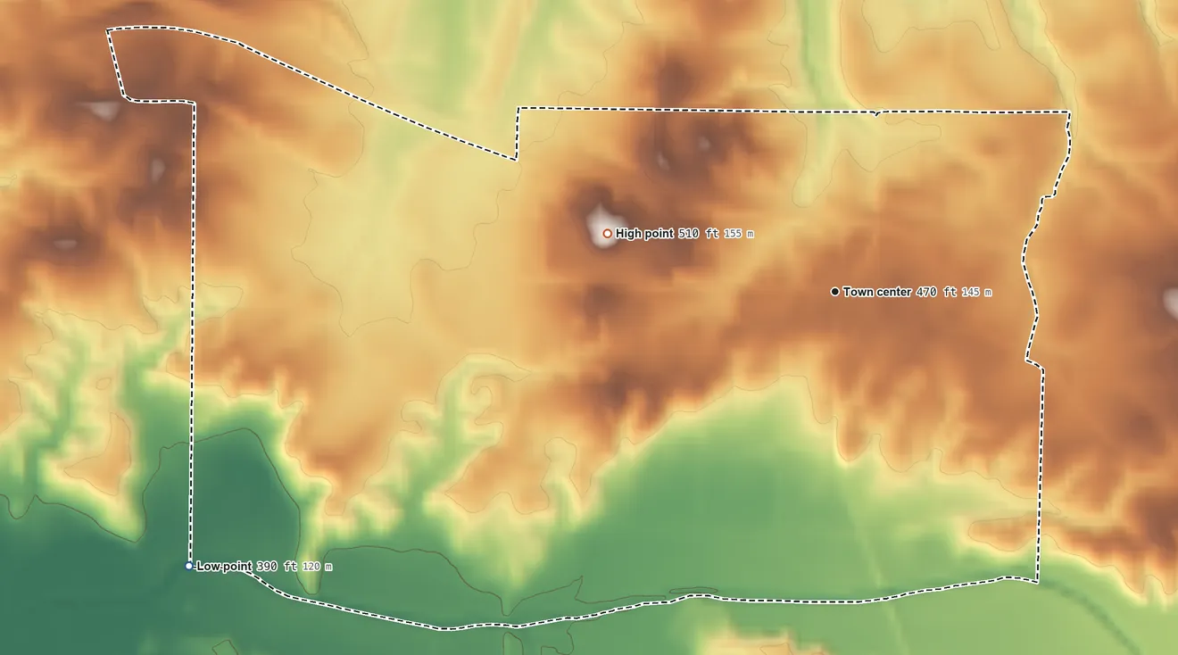Topographic elevation map of Mount Pleasant, Mississippi, shaded from 390 ft on the southwest side to 510 ft on the west side