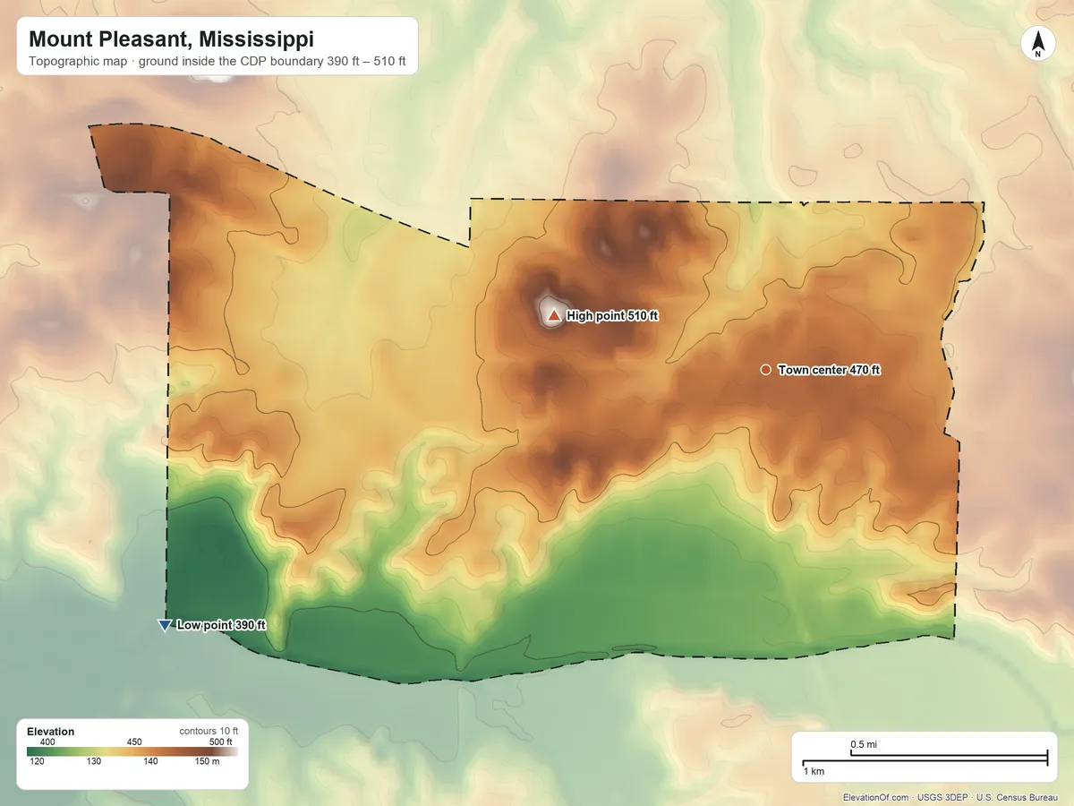 Topographic elevation map of Mount Pleasant, Mississippi, shaded from 390 ft on the southwest side to 510 ft on the west side