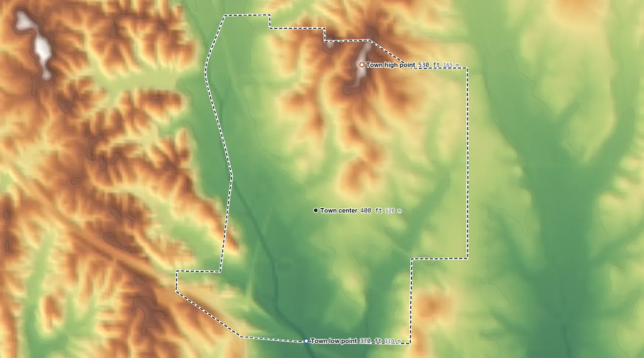 Topographic elevation map of Myrtle, Mississippi, shaded from 370 ft on the south side to 530 ft on the north side