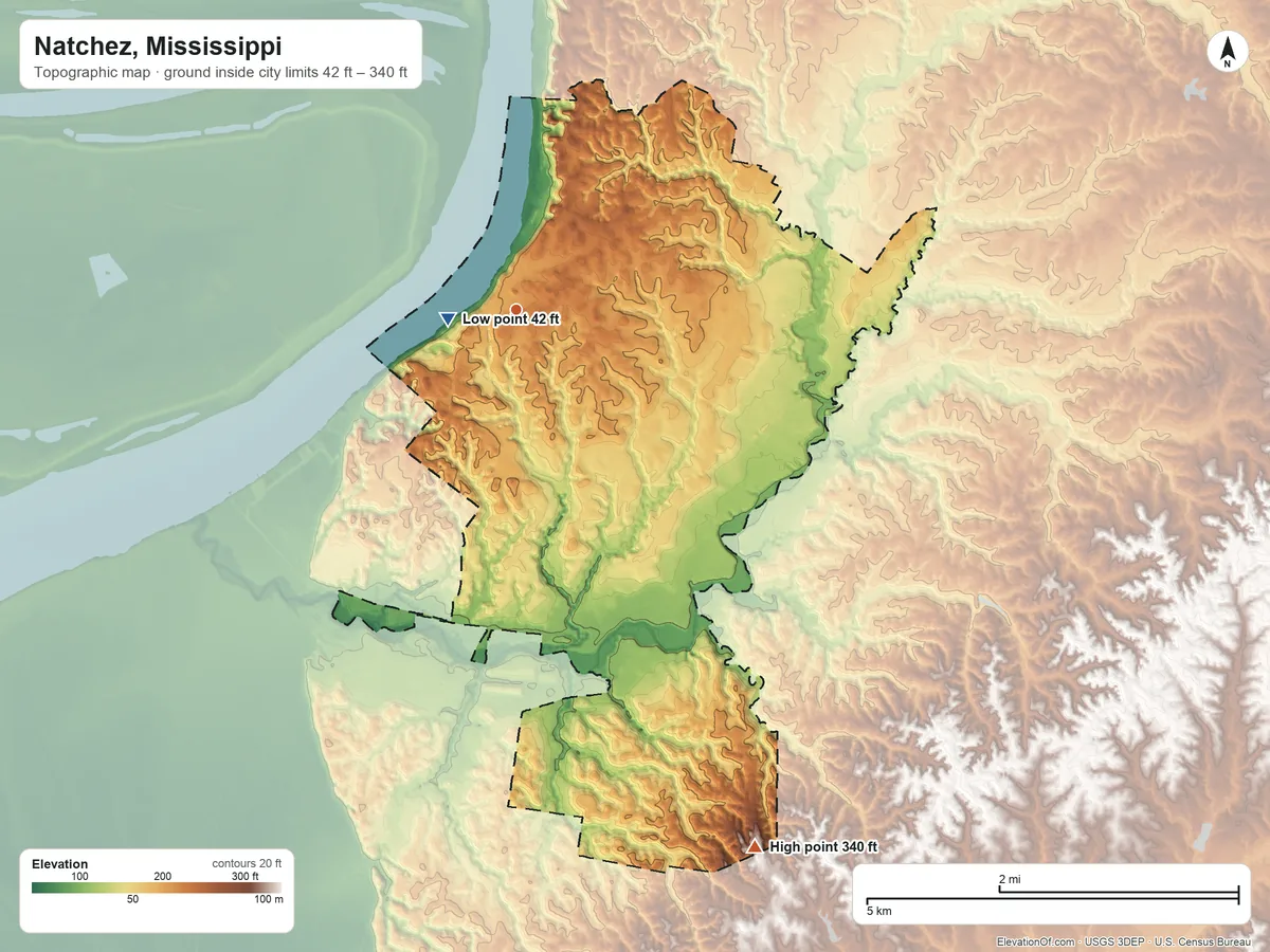 Topographic elevation map of Natchez, Mississippi, shaded from 42 ft near the middle to 340 ft on the southeast side