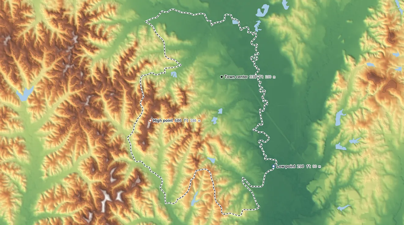 Topographic elevation map of Nellieburg, Mississippi, shaded from 290 ft on the southeast side to 600 ft on the southwest side
