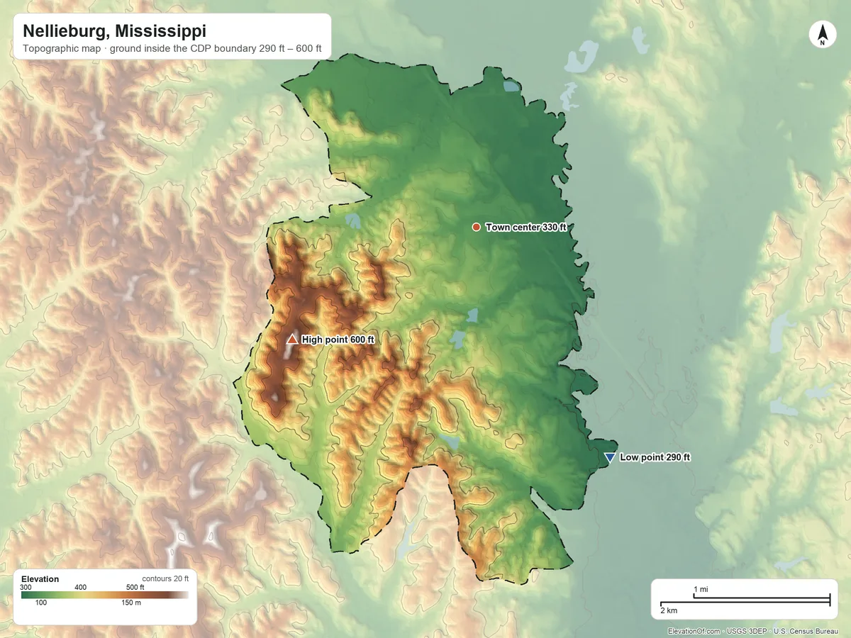 Topographic elevation map of Nellieburg, Mississippi, shaded from 290 ft on the southeast side to 600 ft on the southwest side