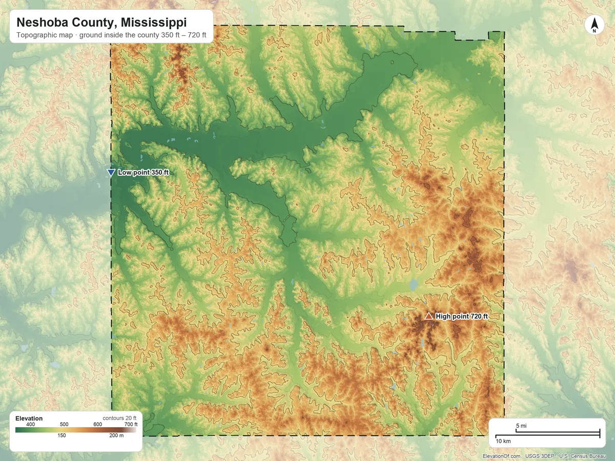 Topographic elevation map of Neshoba County, Mississippi, shaded from 350 ft on the west side to 720 ft on the southeast side