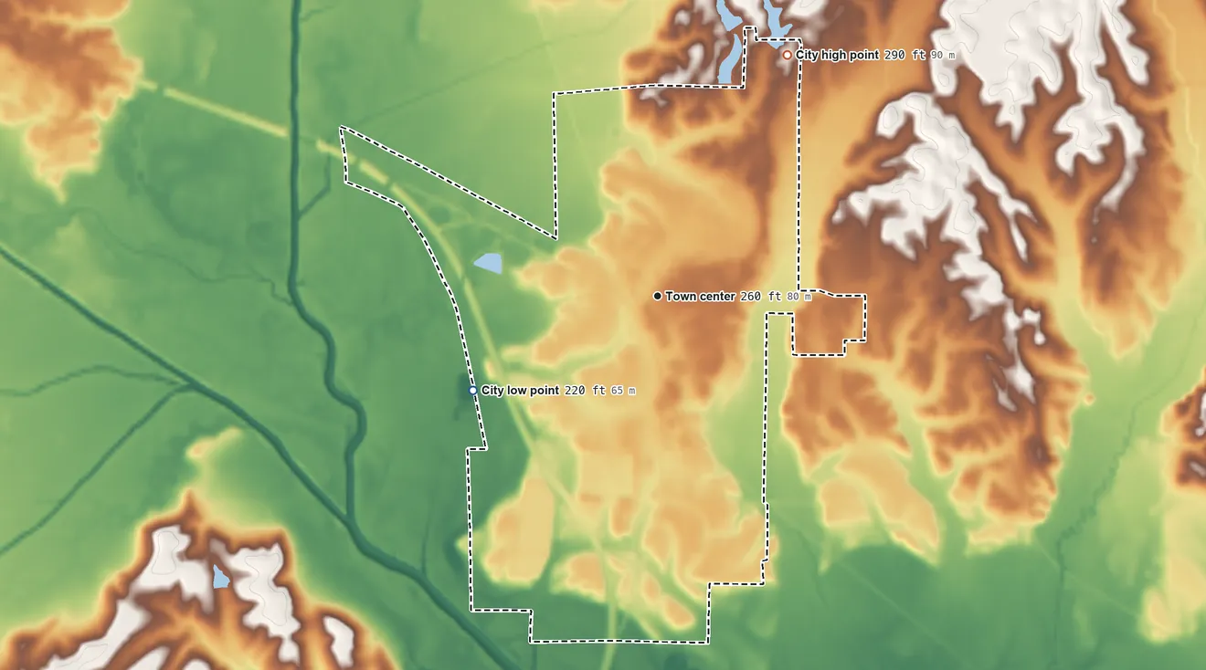 Topographic elevation map of Nettleton, Mississippi, shaded from 220 ft on the southwest side to 290 ft on the northeast side