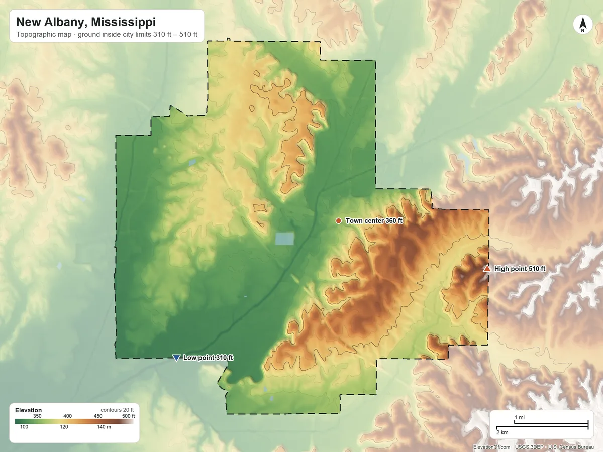 Topographic elevation map of New Albany, Mississippi, shaded from 310 ft on the southwest side to 510 ft on the east side