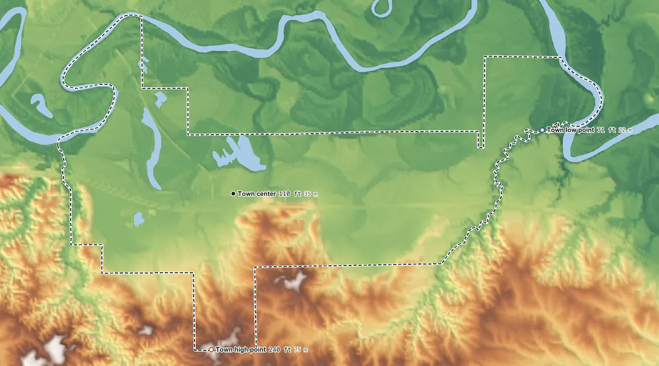 Topographic elevation map of New Augusta, Mississippi, shaded from 71 ft on the east side to 240 ft on the south side