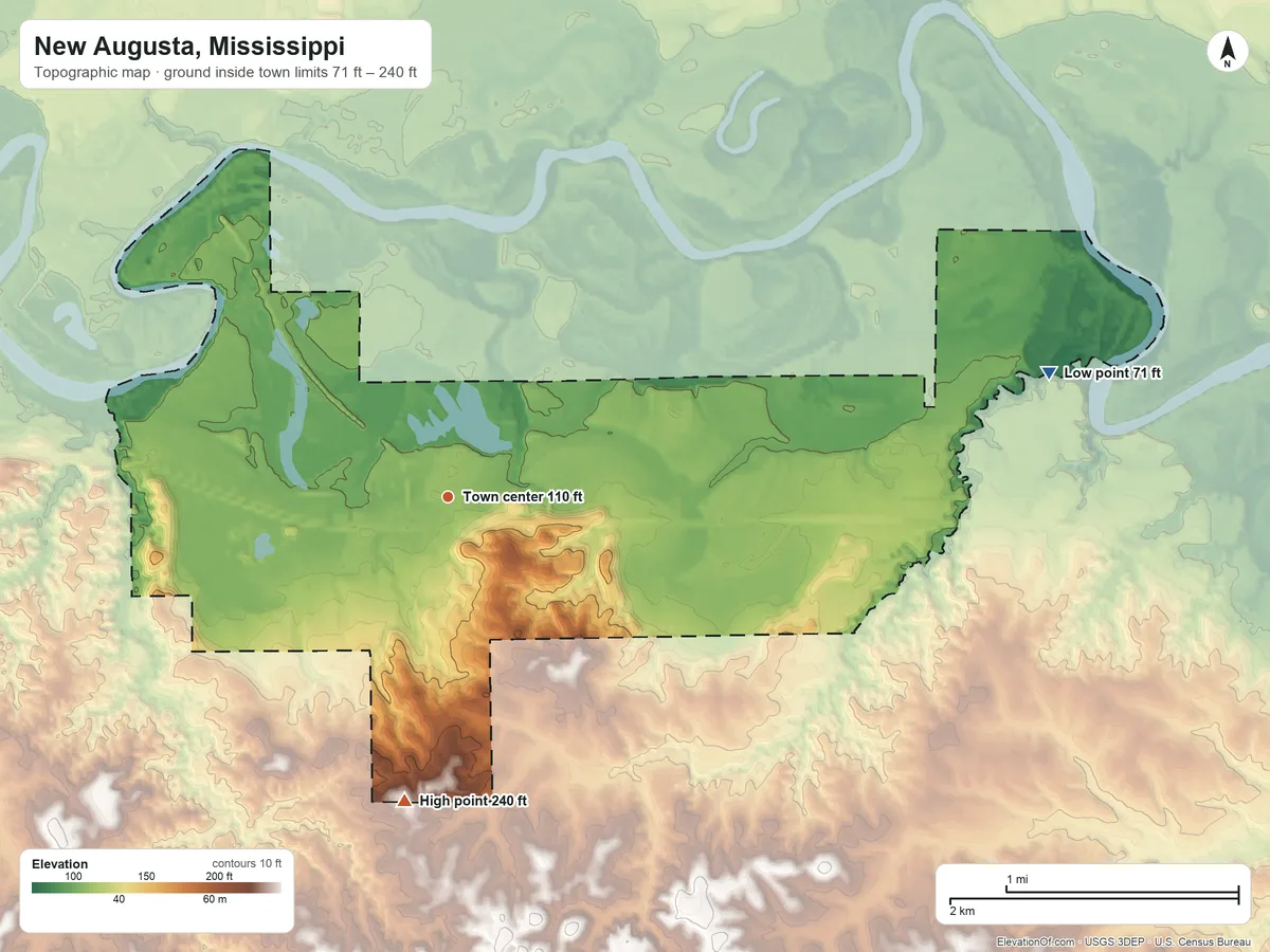 Topographic elevation map of New Augusta, Mississippi, shaded from 71 ft on the east side to 240 ft on the south side