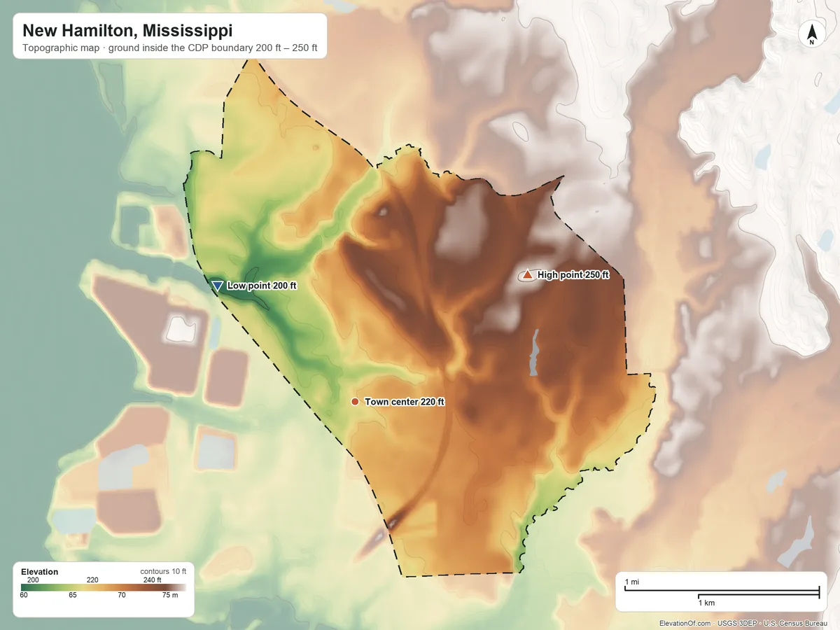 Topographic elevation map of New Hamilton, Mississippi, shaded from 200 ft on the northwest side to 250 ft on the northeast side