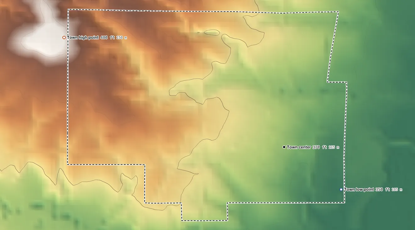 Topographic elevation map of New Hebron, Mississippi, shaded from 350 ft on the southeast side to 480 ft on the northwest side