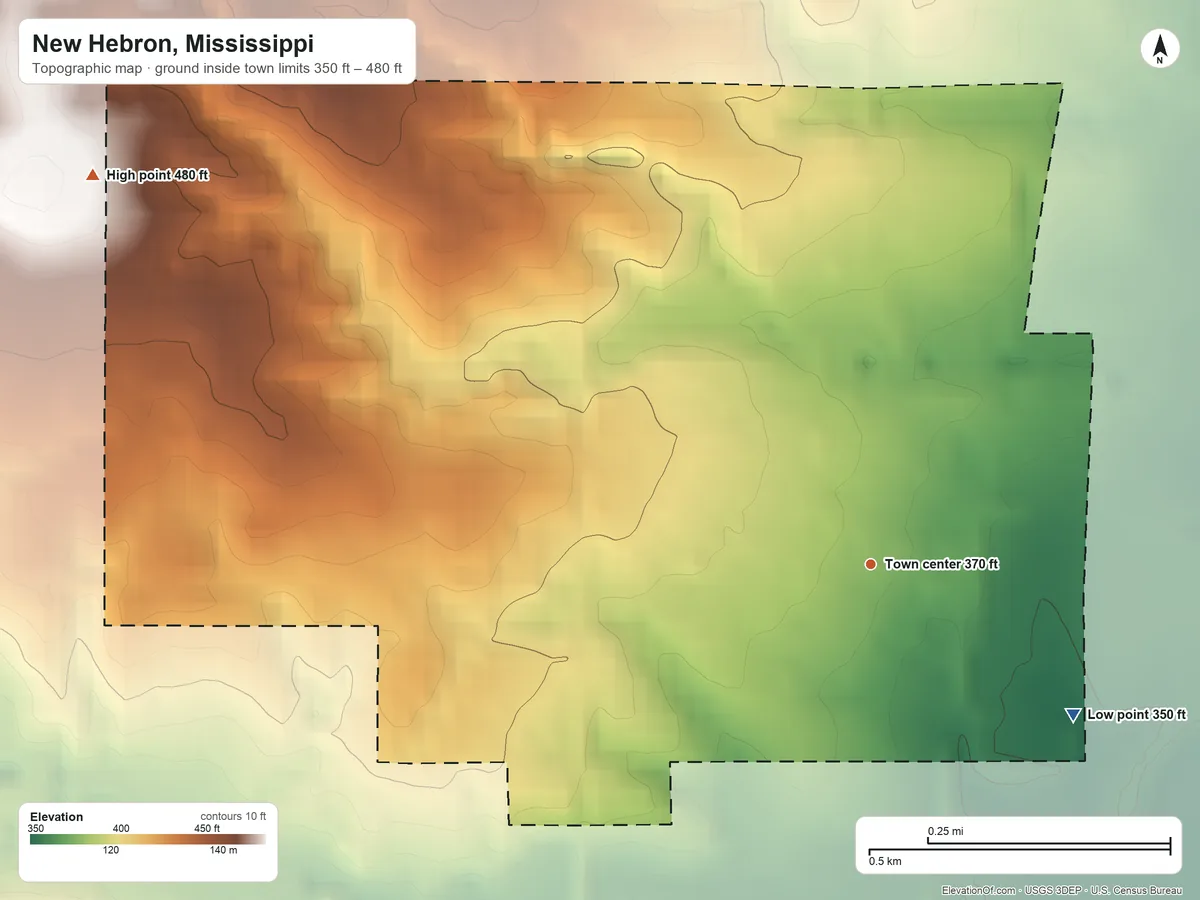 Topographic elevation map of New Hebron, Mississippi, shaded from 350 ft on the southeast side to 480 ft on the northwest side