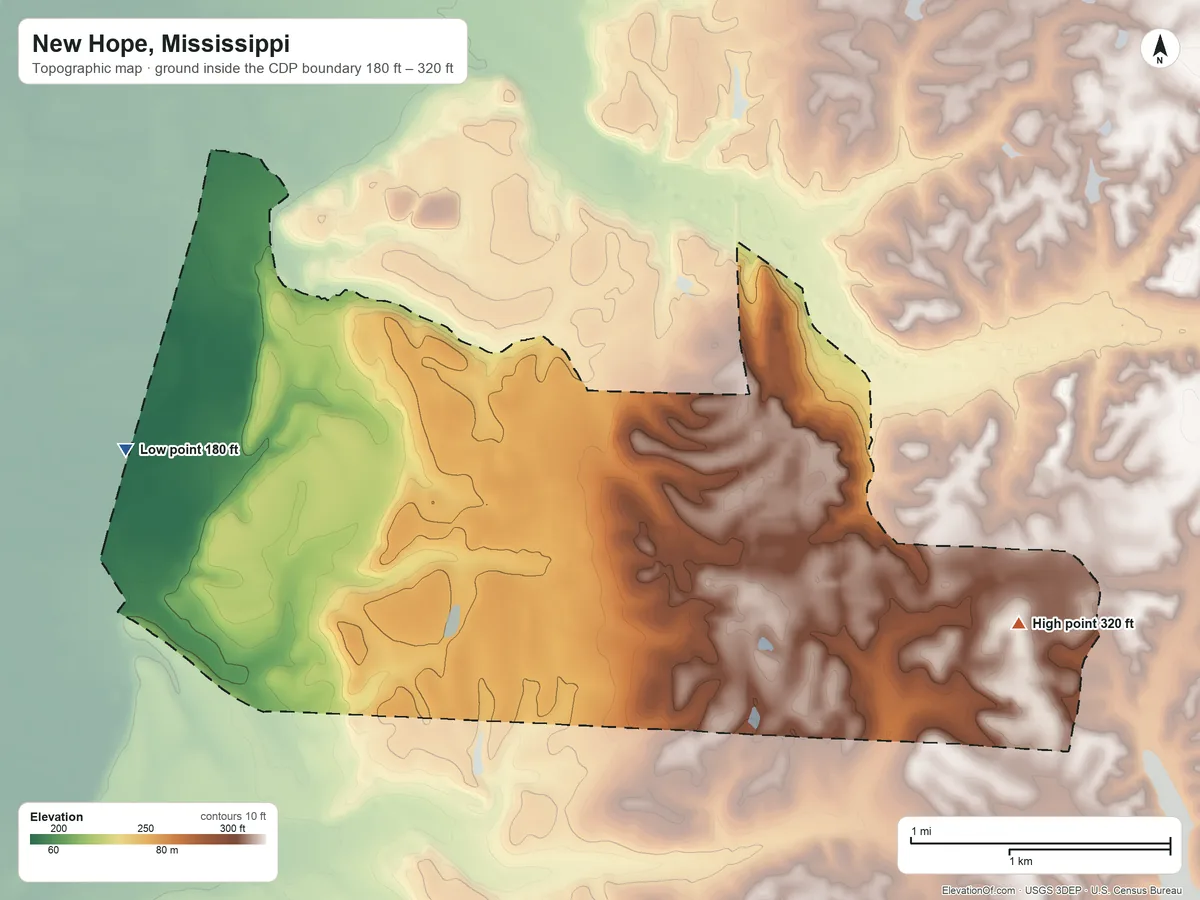 Topographic elevation map of New Hope, Mississippi, shaded from 180 ft on the west side to 320 ft on the east side